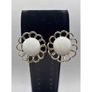 Coro Vintage Clip On Swirl Earrings White Cabochon Center Gold Tone Signed